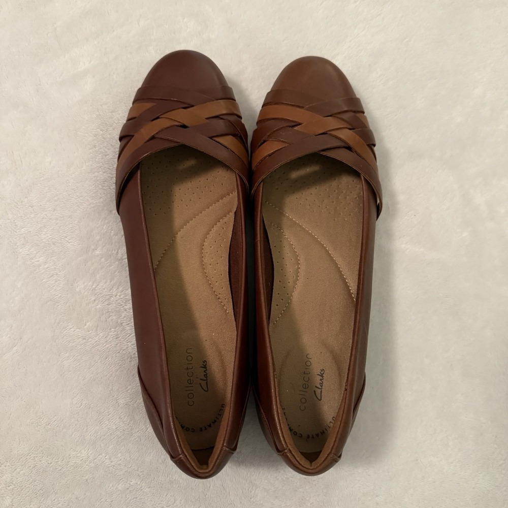Clarks Sara Clover Mahogany Brown‎ Leather Woven Comfort Flats Women's Size 7.5M - Picture 3 of 9